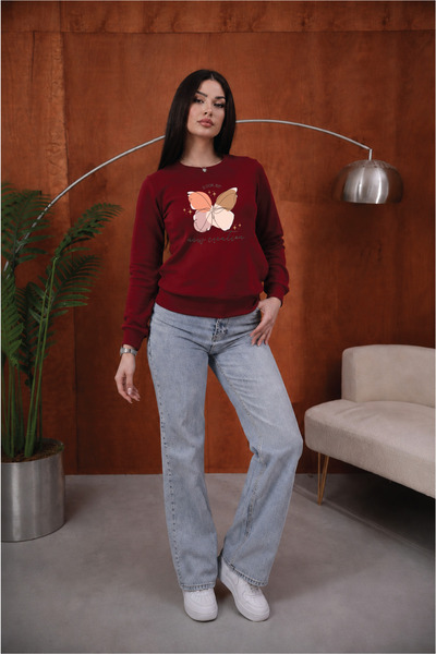Kadın 2 Cor Kelebek Baskılı Rahat Kalıp Bisiklet Yaka Bordo Sweatshirt
