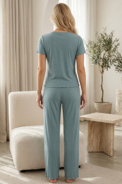 Siyah İnci mint yeşili Dantelli Pamuklu Fitilli Kaşkorse Örme Pijama Takım26120701
