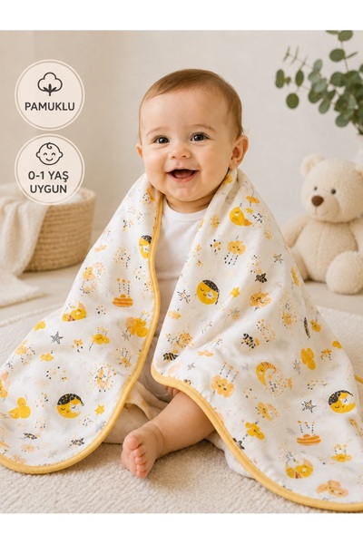 Pamuklu Çift Kat Yumuşak Kumaş Günlük Kullanıma Uygun Sarı Baskılı Empirme Unisex Yenidoğan Bebek Battaniyesi 0-1 Yaş