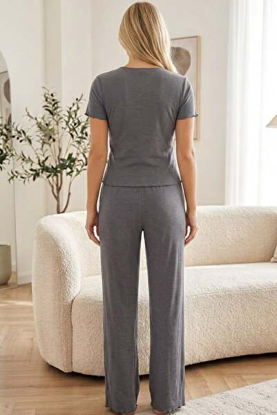 Siyah İnci koyu gri Dantelli Pamuklu Fitilli Kaşkorse Örme Pijama Takım26120701