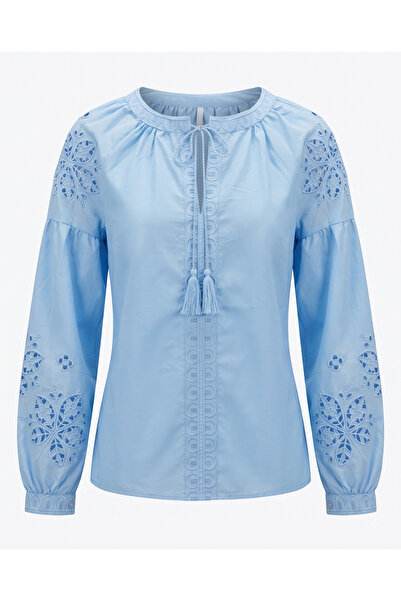 Bade Butik Blue Embroidered Balloon Sleeve Blouse