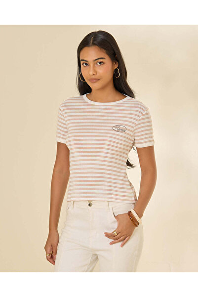 REDTAG Women Beige And White Striped Rib T Shirt