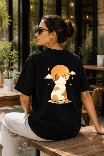 BAGAND Premium μπλουζάκι Unisex με στάμπα Sunset Cat, σε μαύρο χρώμα και μεγά...