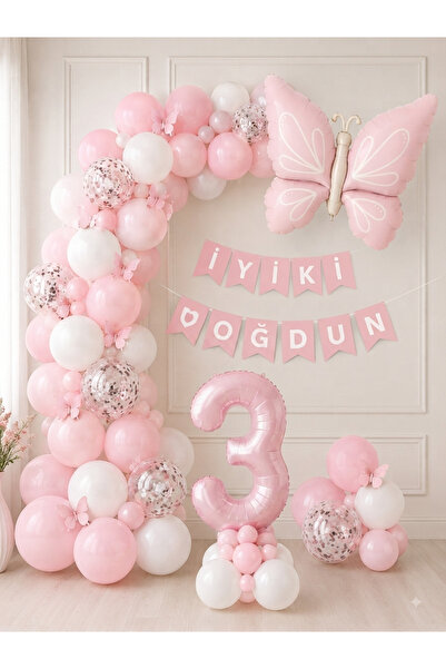 ALYA PARTİ 3 Yaş Kız Bebek Doğum Günü Balon Seti – Pembe Kelebek Konseptli Pa...