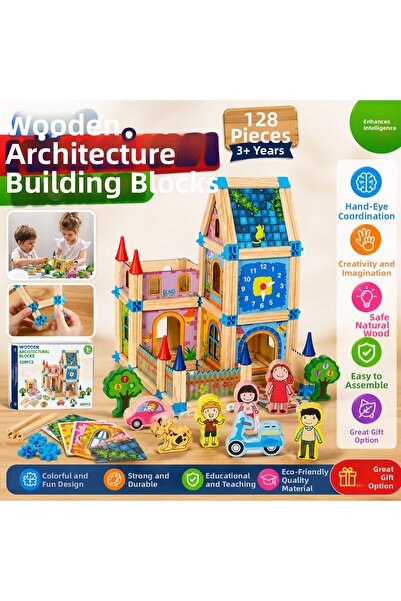 TRUST STORE مكعبات بناء خشبية هندسية 128 قطعة، مجموعة ألعاب تعليمية لتنمية ال...
