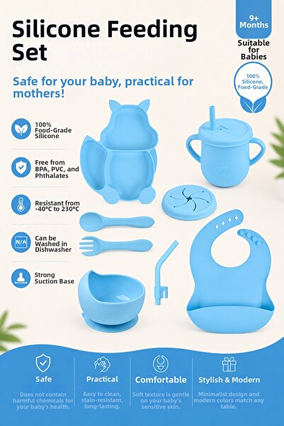 jojobebek Blue Bpa Free Vacuum Silicone Nutrition Set with Squirrel Figure