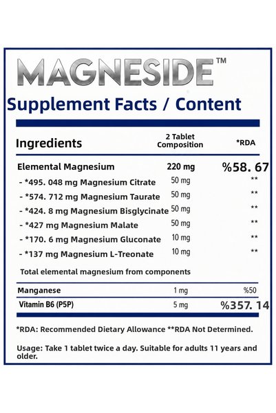 Healthy Side Magneside Magnesium Complex and Vitamin B6 (P5P) Containing 6-Complex Form 60 Tablets