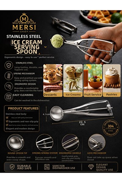 Mersi SHOP Stainless Steel Ice Cream Serving Spoon Ergonomic Ice Cream Scoop