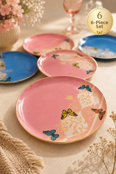 Sudedi Home 6-Person 26 cm Pink Blue Butterfly Patterned Real Gold Gilded Cak...
