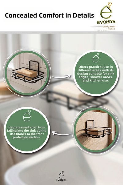 EVONİTA 2-Piece Adhesive Soap Holder Metal Solid Soap Holder Black Bathroom Kitchen Sink Organizer Set