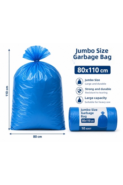 MR.NEJAT Jumbo Boy Blue Trash Bags 80*110 10 Pieces Double Layer 37 Micron 300Gr