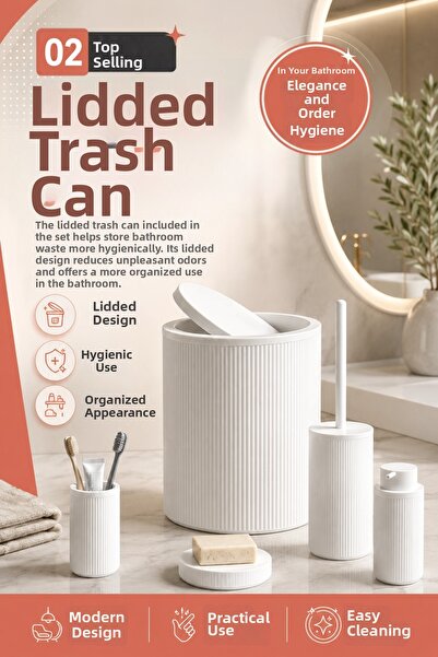Eco Lounge Striped Patterned White 5 Piece Bathroom Set Liquid Soap Dispenser...