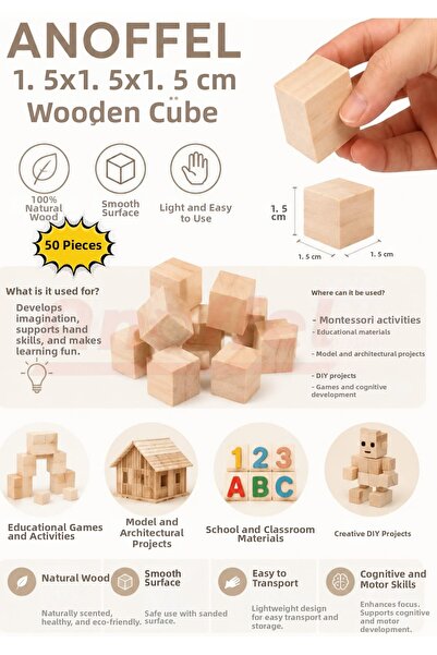 Anoffel Wooden Natural Cube Blocks 1.5X1.5X1.5 cm 50 Pieces