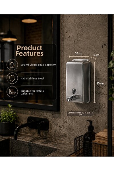 Alper Banyo 500 Cc Stainless Steel Liquid Soap Dispenser Wall Mounted Hotel C...