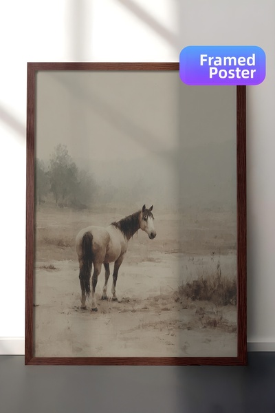 Zestia Pictură de perete vintage, cal singuratic în ceață, înrămată maro Nr.:...