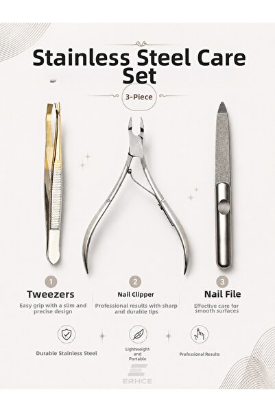 ERHCE Tweezers + Nippers + File 3-Piece Set for Eyebrow and Nail Care