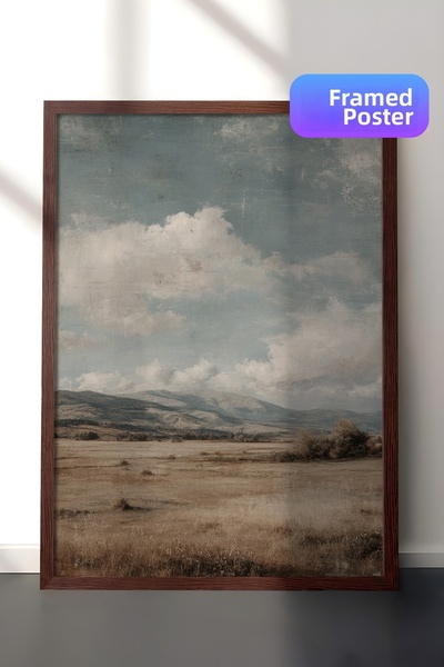 Zestia Pictură murală vintage, peisaj cu câmpuri deschise și nori, maro, înră...