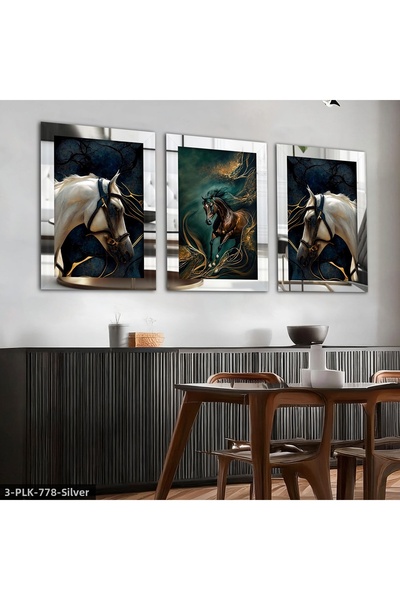 Evinemoda Gold Detailed Horses 3 Piece Plexiglass Mirrored Table