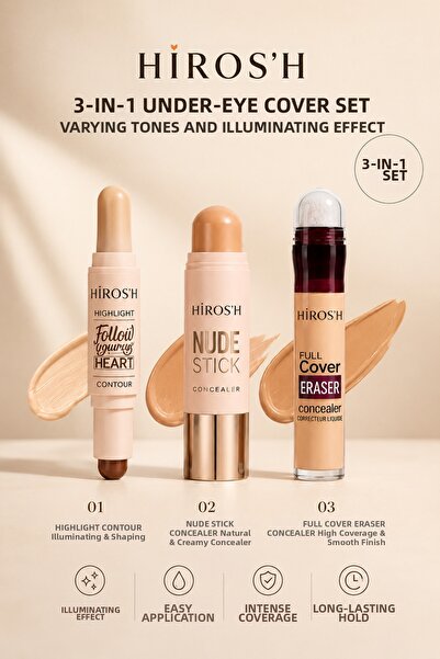 HİROS'H 3-Piece Concealer Set with Different Shades and Brightening Effect