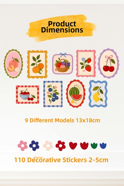 alışveriş kurdu Colorful Fruit Basket Wall Sticker Set – 120 Pieces, 9 Models, Children's Room & Living Room Decoration Summer Themed