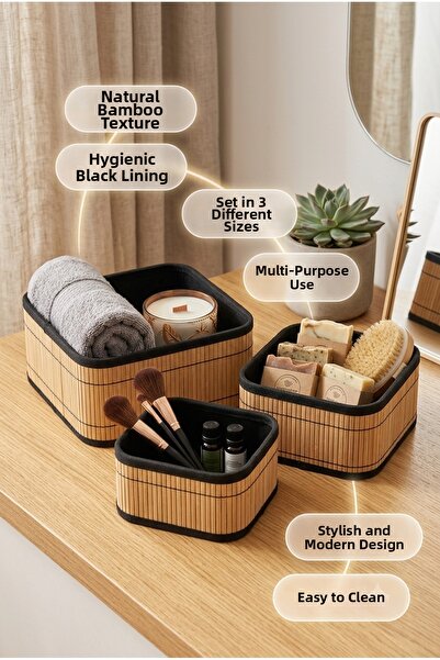 Homerest Set of 3 Natural Bamboo Multi-Purpose Organizer Baskets with Black L...