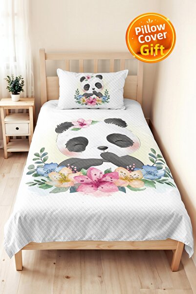 Evimde Bambaşka Panda Floral White Girls' Pique Set - Pastel Pink Blue Baby R...