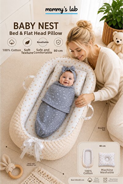 Mommyslab New Season 2-Piece Baby Babynest Baby Bed 100% Cotton Flat Head Pil...