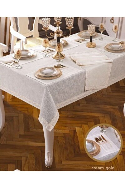 Ceki Home 8-Person Zara Dinner Set 10-Piece Supla Runner Table Set Cream-Gold...