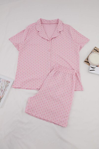 Trendyol Curve Σετ πιτζάμες με ροζ φιόγκο, λικρά, μαλακό πλεκτό γιακά πουκάμι...