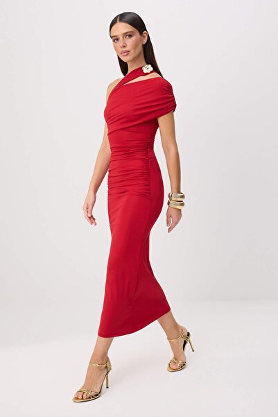 Trendyol Collection Red Accessory Asymmetrical Collar Knitted Dress Tprss26El...