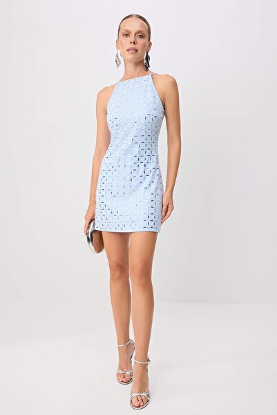 Trendyol Collection Rochie mini țesută cu imprimeu în albastru deschis TPRSS2...
