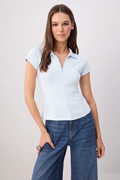 Trendyol Collection Open Fitted Polo Neck Short Sleeve Stretch Knitted Blouse...