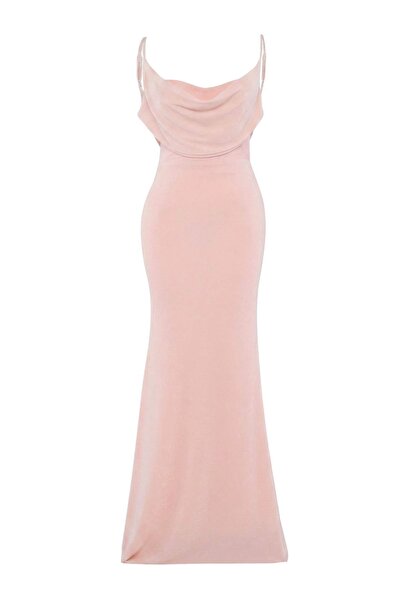 Trendyol Collection Rochie de seară maxi tricotată cu sclipici pudră și rochi...