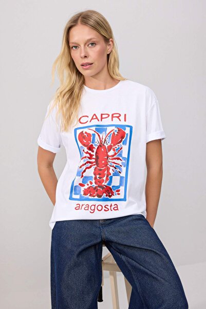 Trendyol Collection White 100% Cotton Lobster Printed Crew Neck Oversize Knit...
