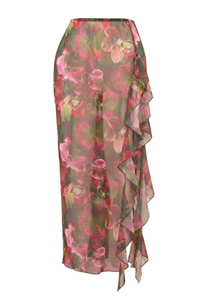 Trendyol Collection Abstract Floral Pattern Maxi Ruffle Beach Pareo Tbess26Pr...