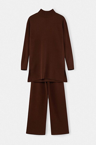 Trendyol Modest Brown Slit Wide-Leg Knitwear Top and Bottom Set Tctaw24Us00028
