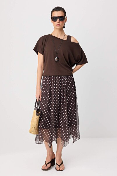 Trendyol Collection Brown 2-Pack T-Shirt Polka Dot A-Line Asymmetric Collar M...