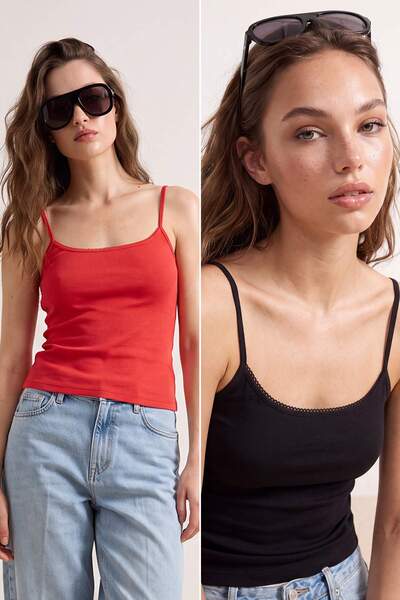 Trendyol Collection Tricou tricotat din bumbac, negru-roșu, cu bretele subțir...