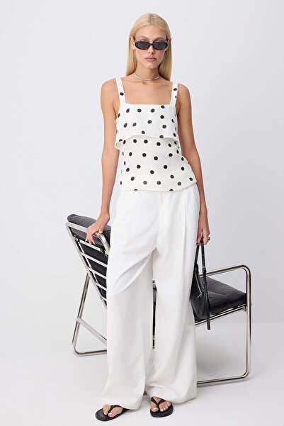 Trendyol Collection White Polka Dot Patterned 100% Linen Blouse Twoss26Bz00679