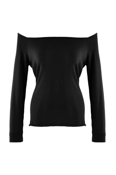 Trendyol Collection Wardrobe Essentials Black Boat Neck Slim Fitted/Body Hugg...