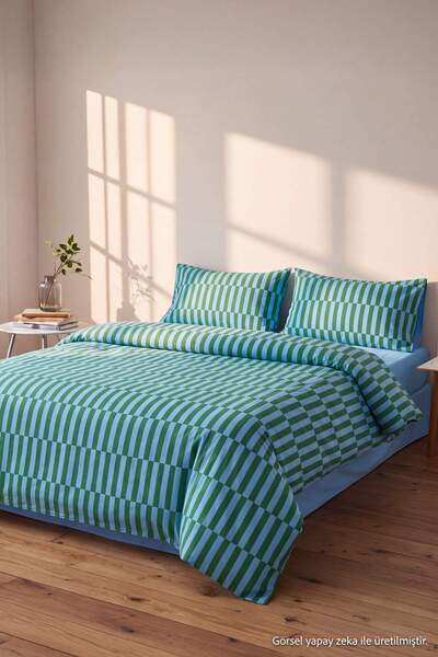 TRENDYOLMİLLA HOME Double Size Blue-Green Geometric Patterned Elasticized She...