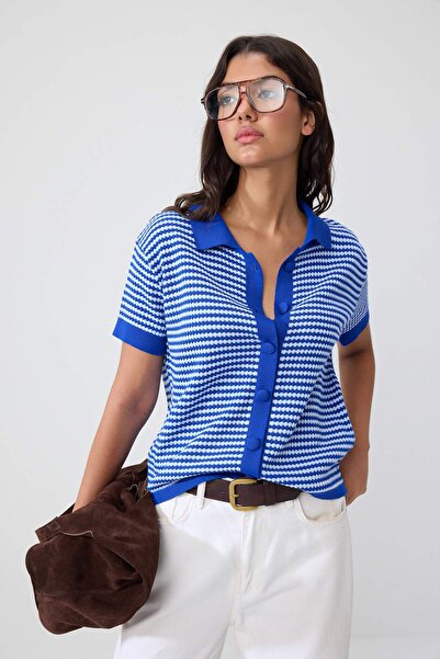 Trendyol Collection Saks Polo Neck Striped Knitwear Blouse Twoss25Bz00183