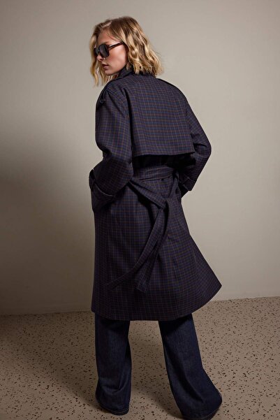 Trendyol Collection Navy Blue Eksoe Patterned Double-Breasted Oversize Long T...
