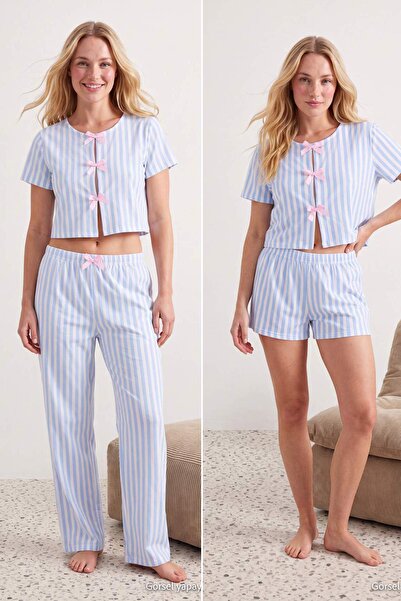 Trendyol Collection طقم بيجامة محبوك بتفاصيل شريطية مخططة باللون الأزرق الفات...