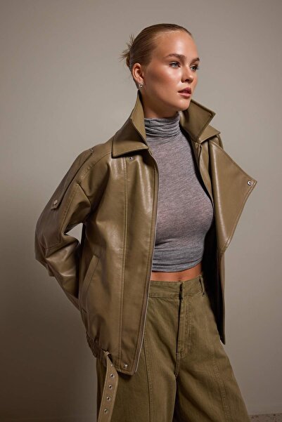 Trendyol Collection Khaki Oversize Fit Faux Leather Shiny Biker Slim Jacket C...