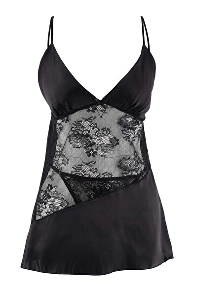 Trendyol Collection Black Thin Straps Satin Lace Detailed Babydoll/ Fancy Nig...