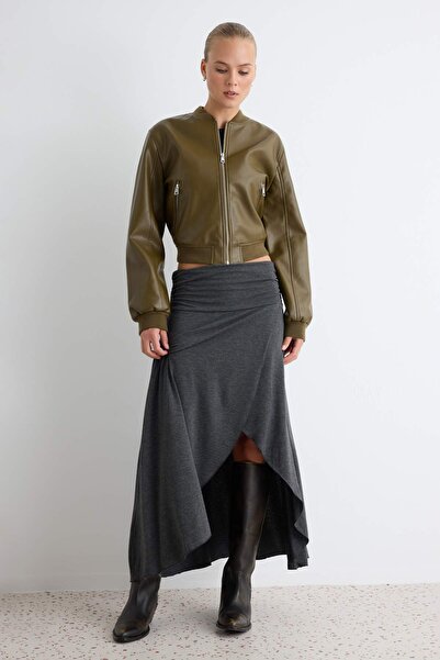 Trendyol Collection Anthracite Plain Maxi Viscose Single Jersey Knitted Skirt...