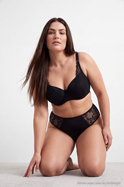 Trendyol Curve Black Covered Lace Detailed Plus Size Underwear Set Tbbaw27Dg0...