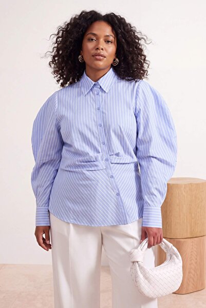 Trendyol Curve Blue Balloon Sleeve Detailed Asymmetrical Fitted Shirt Tbbss26...