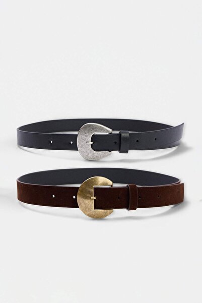 TRENDYOL SHOES Black-Brown Antique Buckle Women's Double Belt Takaw27Ke00006